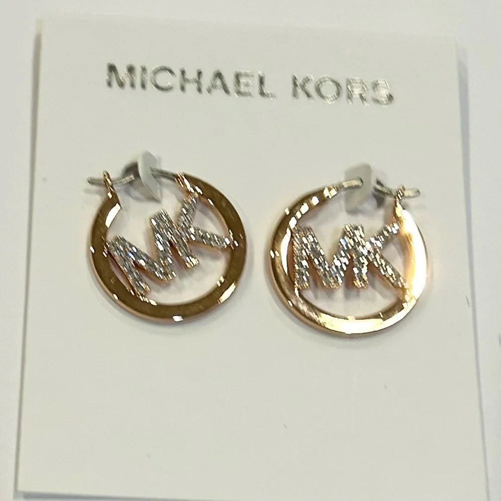 Michael Kor Rose Gold-Tone Pave Hoop Earrings NWT
